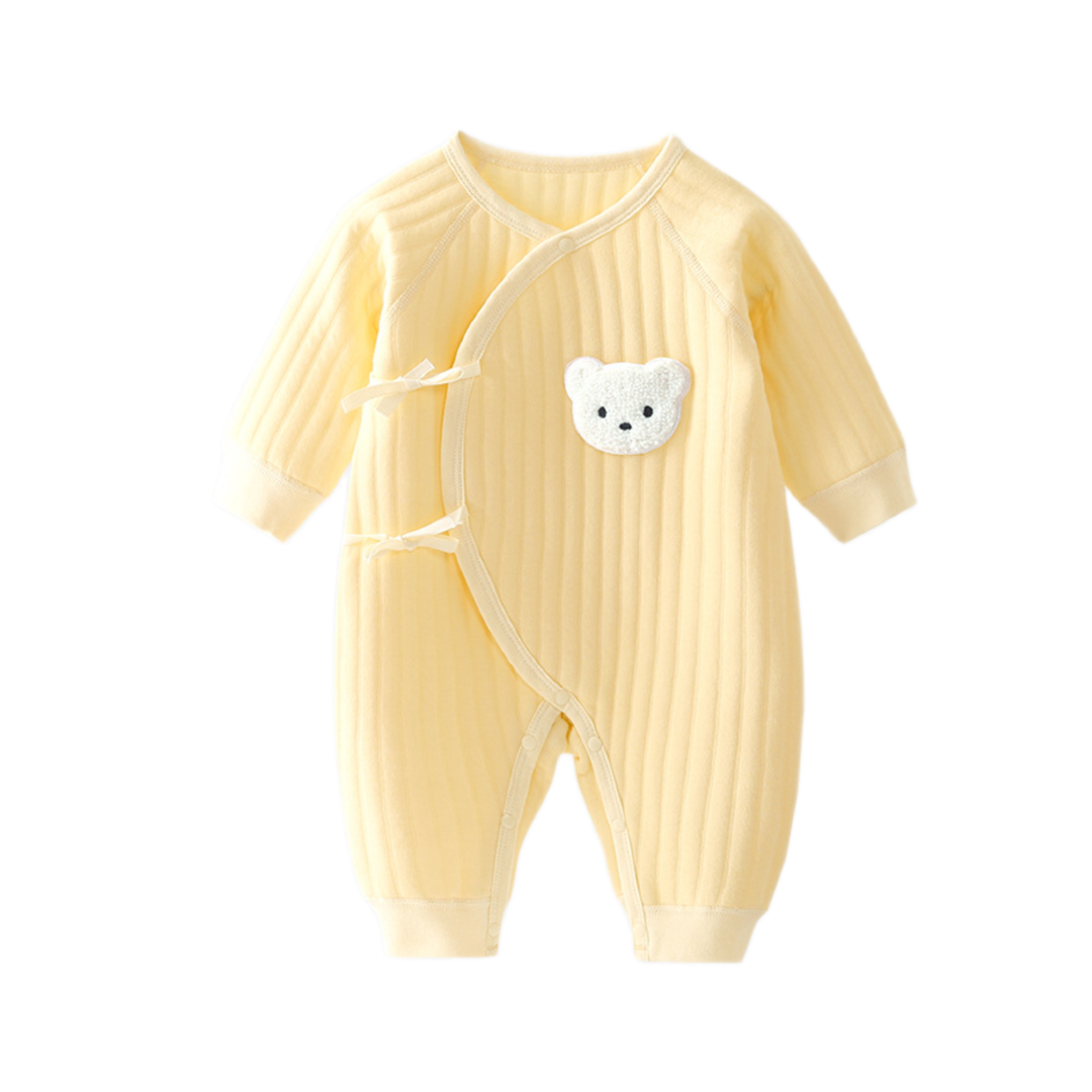 Baby Romper with Bear Embroidery - Yellow