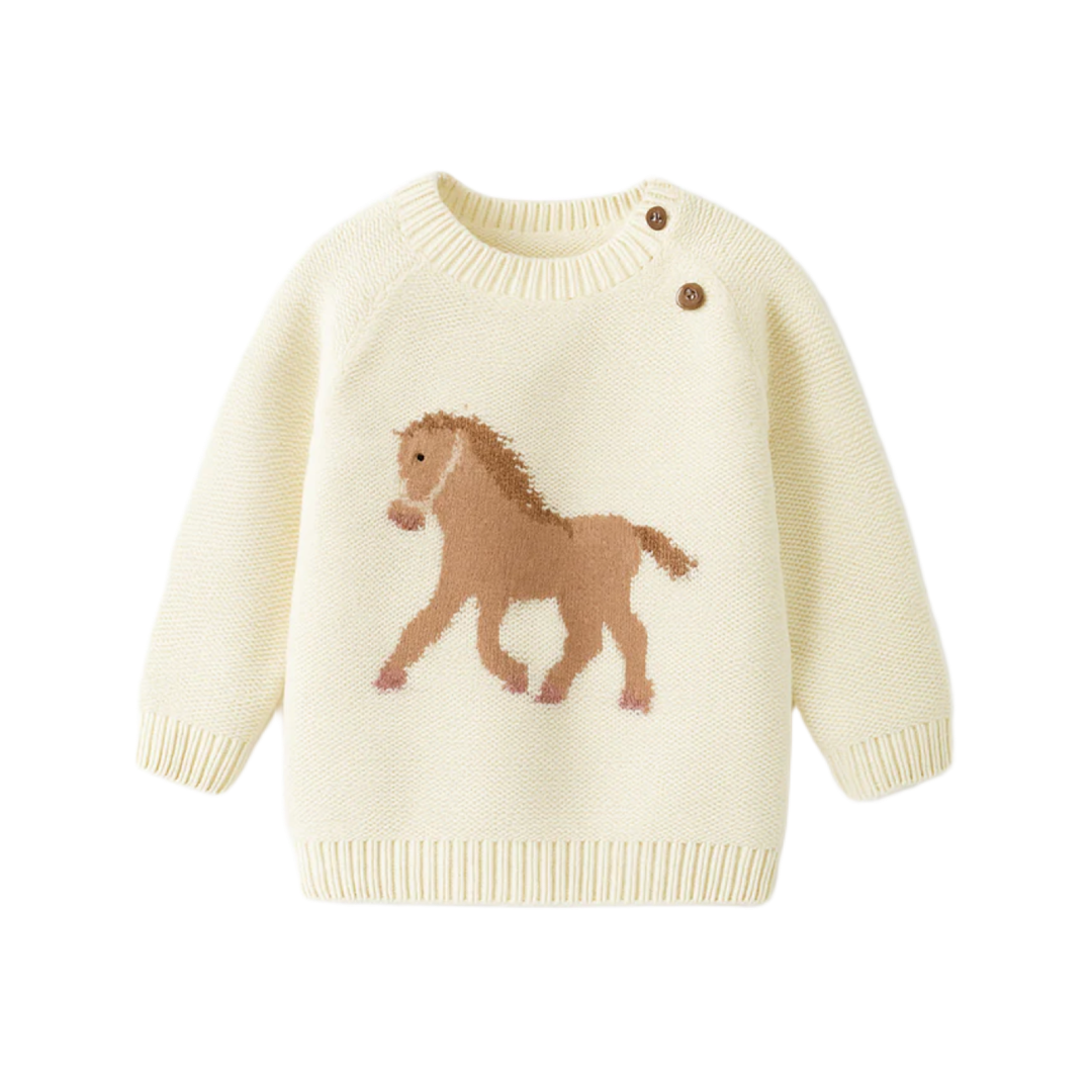 Baby White Sherpa-Lined Horse Knit Sweater
