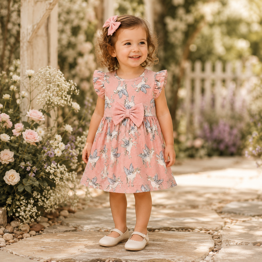 Toddler wearing a blush pink cotton dress with winged unicorn print, flutter sleeves and a waist bow in a dreamy pastel setting from Lullaby Threads.