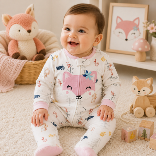 Smiling baby girl wearing a cream woodland fox zip romper with pink cuffs in a softly styled forest nursery from Lullaby Threads.