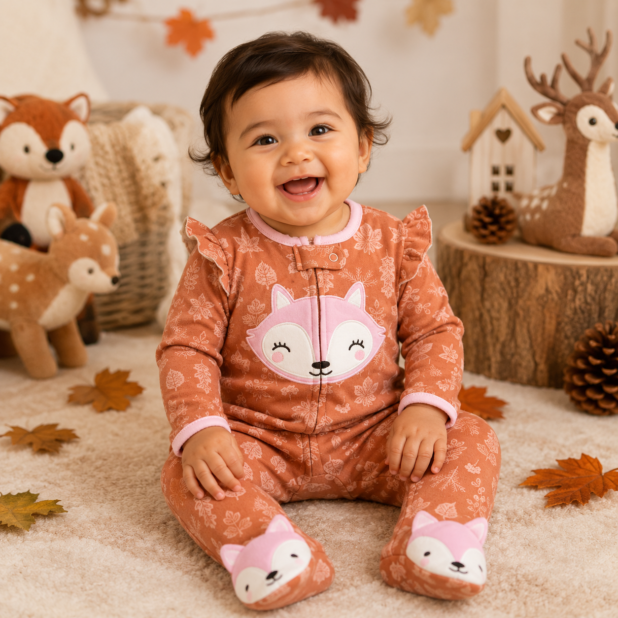 Smiling toddler wearing a terracotta woodland romper with pink wolf embroidery and leafy print in a cozy forest-themed nursery from Lullaby Threads.