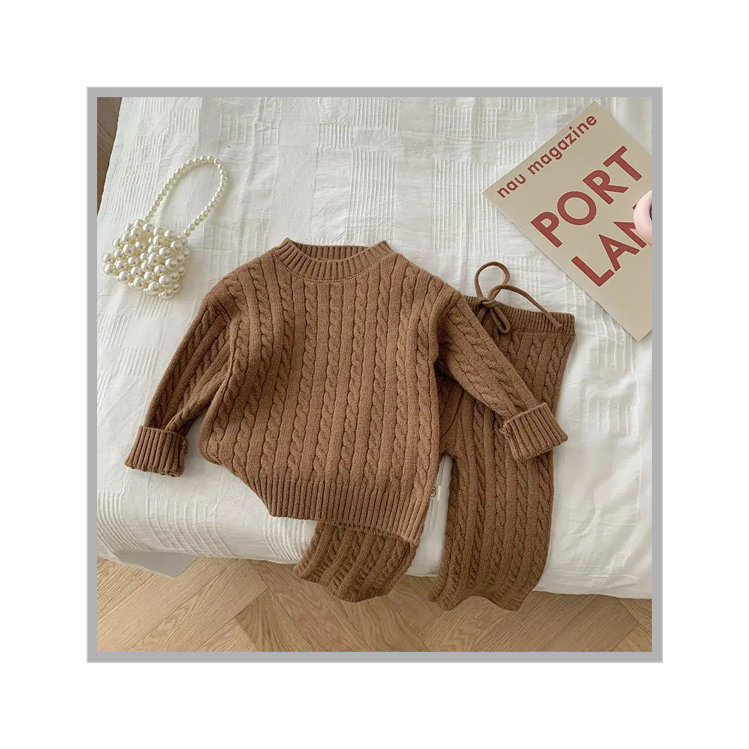 Baby Unisex Top with Boat Neck and Cable Knit Print - Coffee