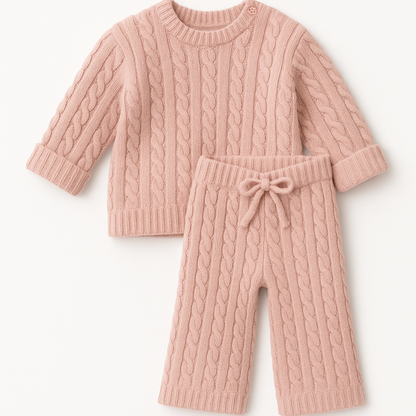 Girl Pants with Drawstring and Cable Knit Print - Pink