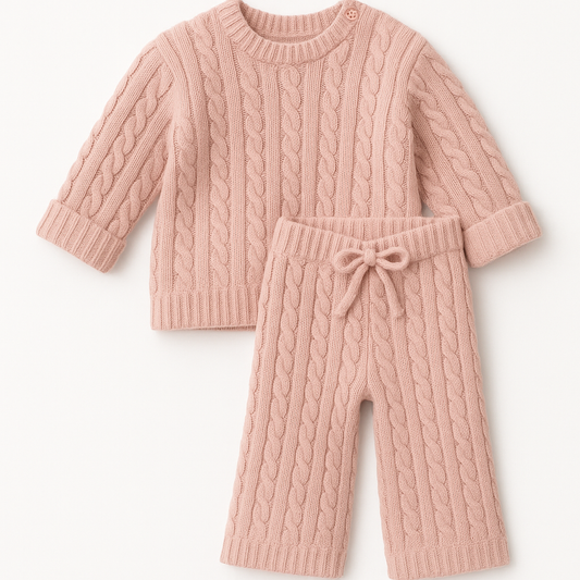 Girl Pants with Drawstring and Cable Knit Print - Pink