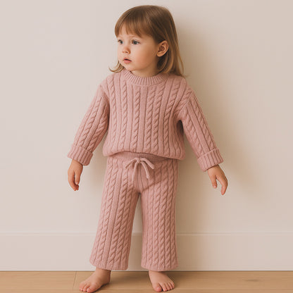 Girl Pants with Drawstring and Cable Knit Print - Pink
