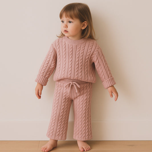 Baby Girl Top with Boat Neck and Cable Knit Print - Pink