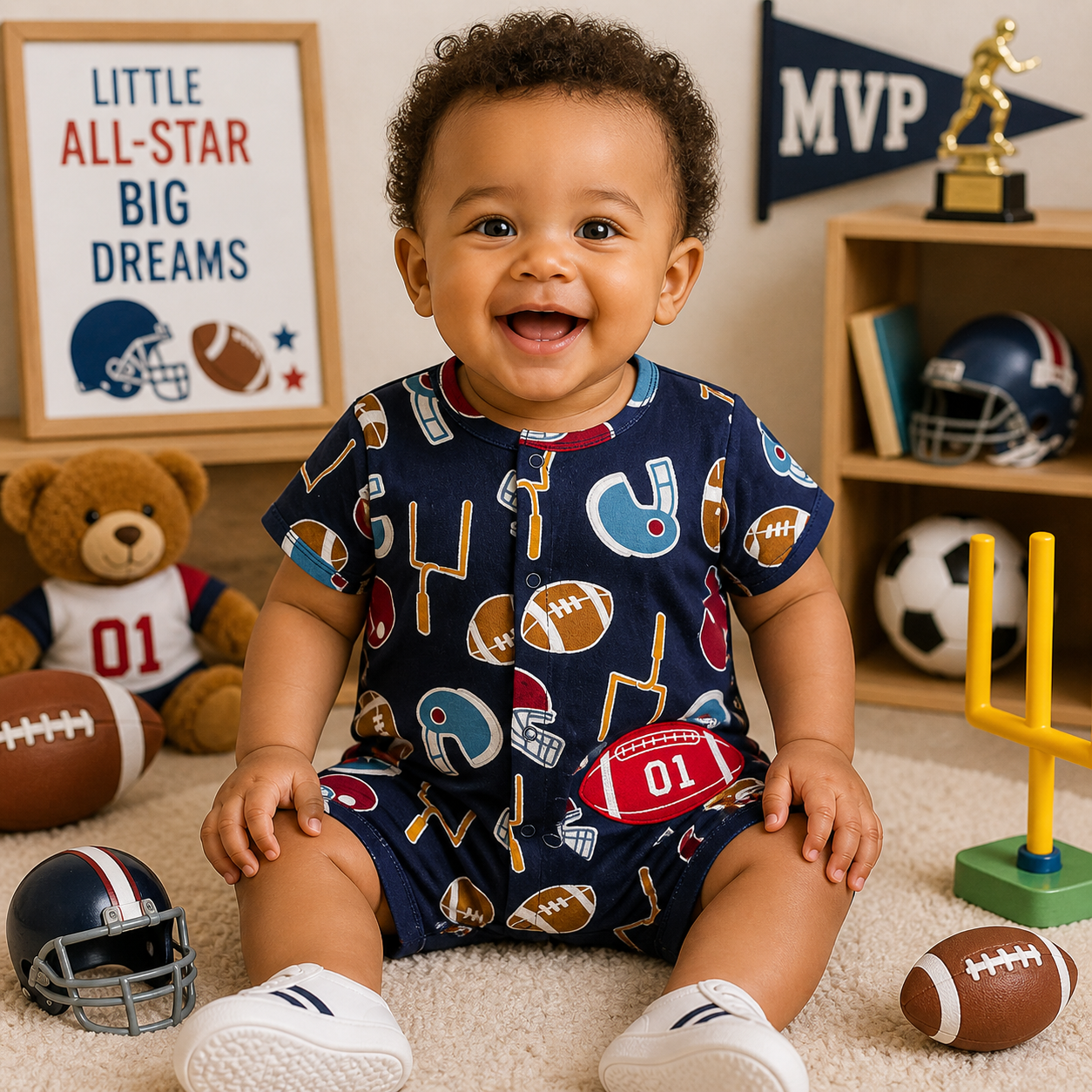 Toddler wearing a navy All-Star Sports romper from Lullaby Threads, sitting in a sports-themed nursery with football toys, helmet decor, and playful accessories.