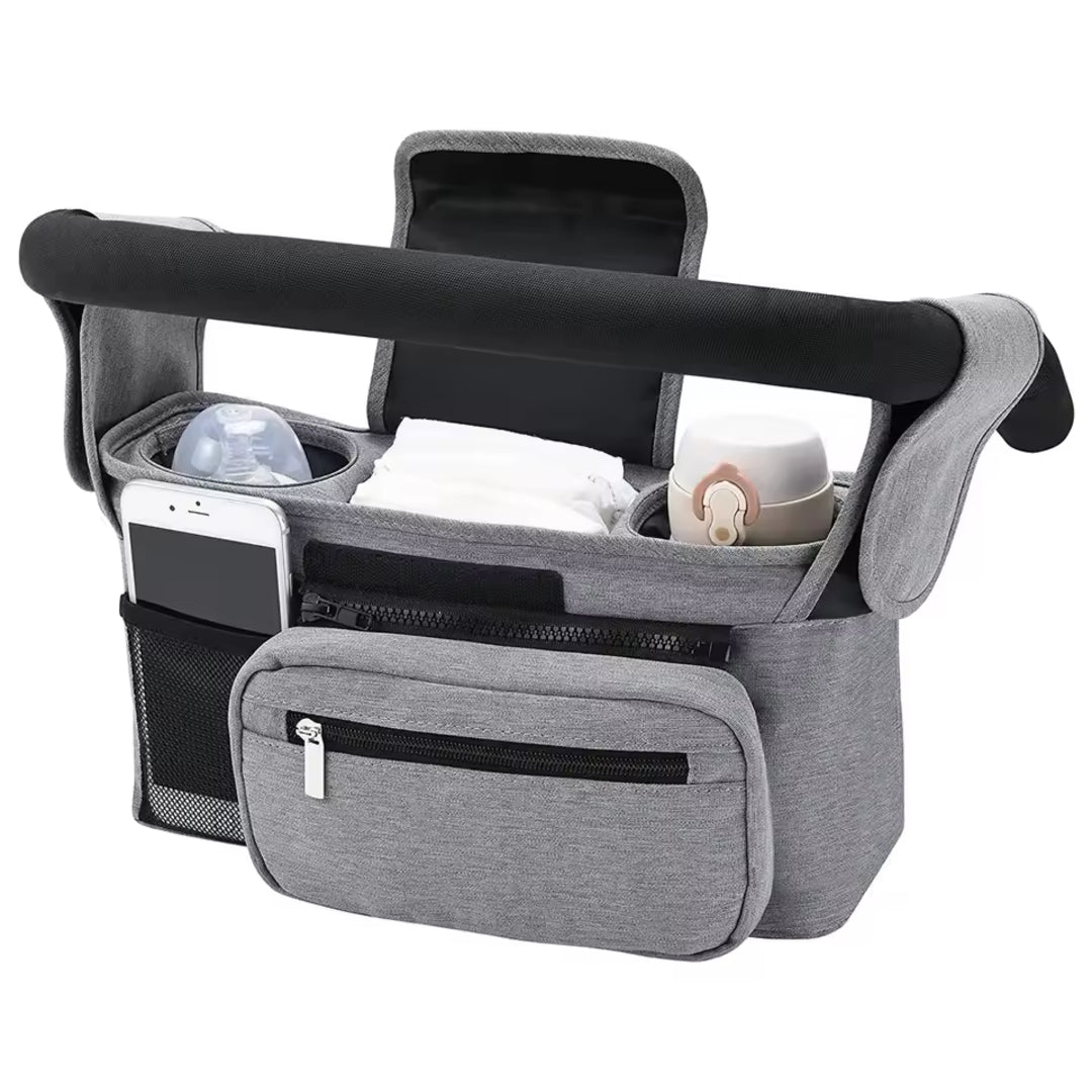 Baby Stroller Organizer – Diaper, Bottle & Phone Holder - Grey