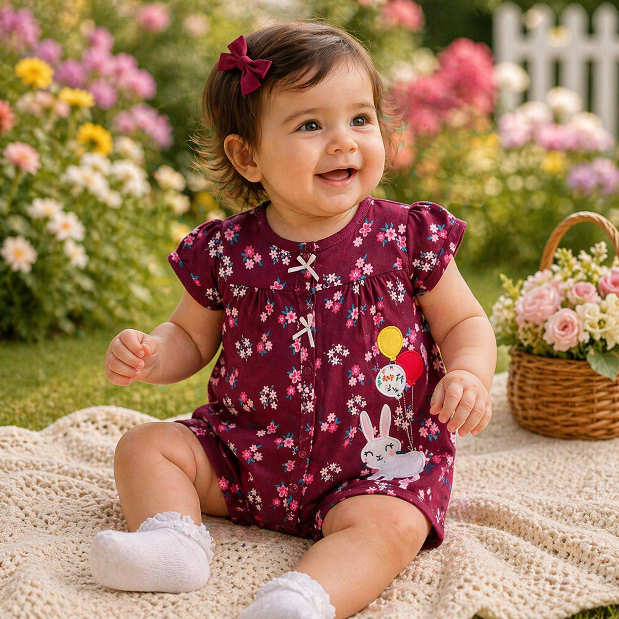 Baby girl wearing a burgundy floral romper with bunny appliqué sitting on a cream blanket in a bright garden surrounded by colorful flowers and a basket of roses.