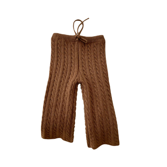 Girl Wool Pants with Drawstring and Cable Knit Print - Coffee
