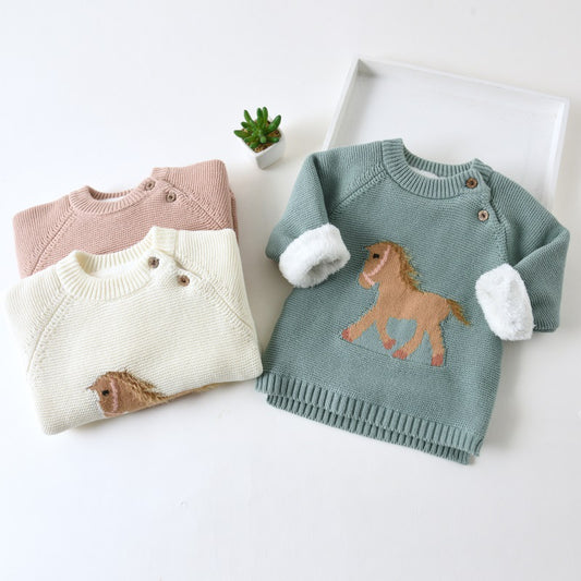 Baby Green Sherpa-Lined Horse Sweater