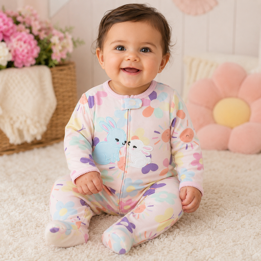 Baby wearing pastel bunny floral footed sleeper from Lullaby Threads in a soft pink nursery setting with cozy floral décor.