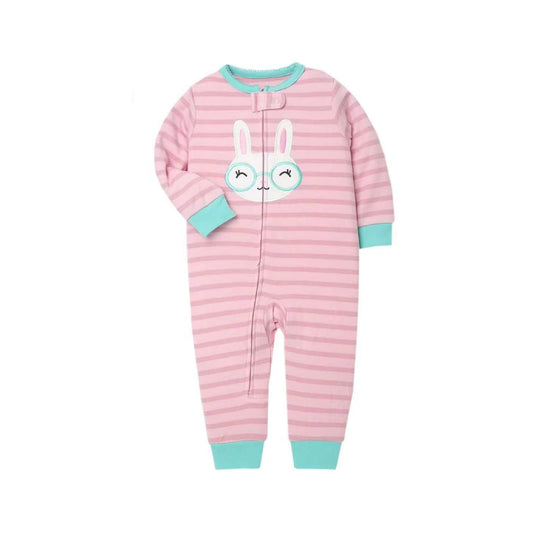 A baby long-sleeve footless one-piece pajama in pink and white horizontal stripes, featuring a white bunny face with blue glasses on the chest and light blue trim at the collar, cuffs, and ankles.