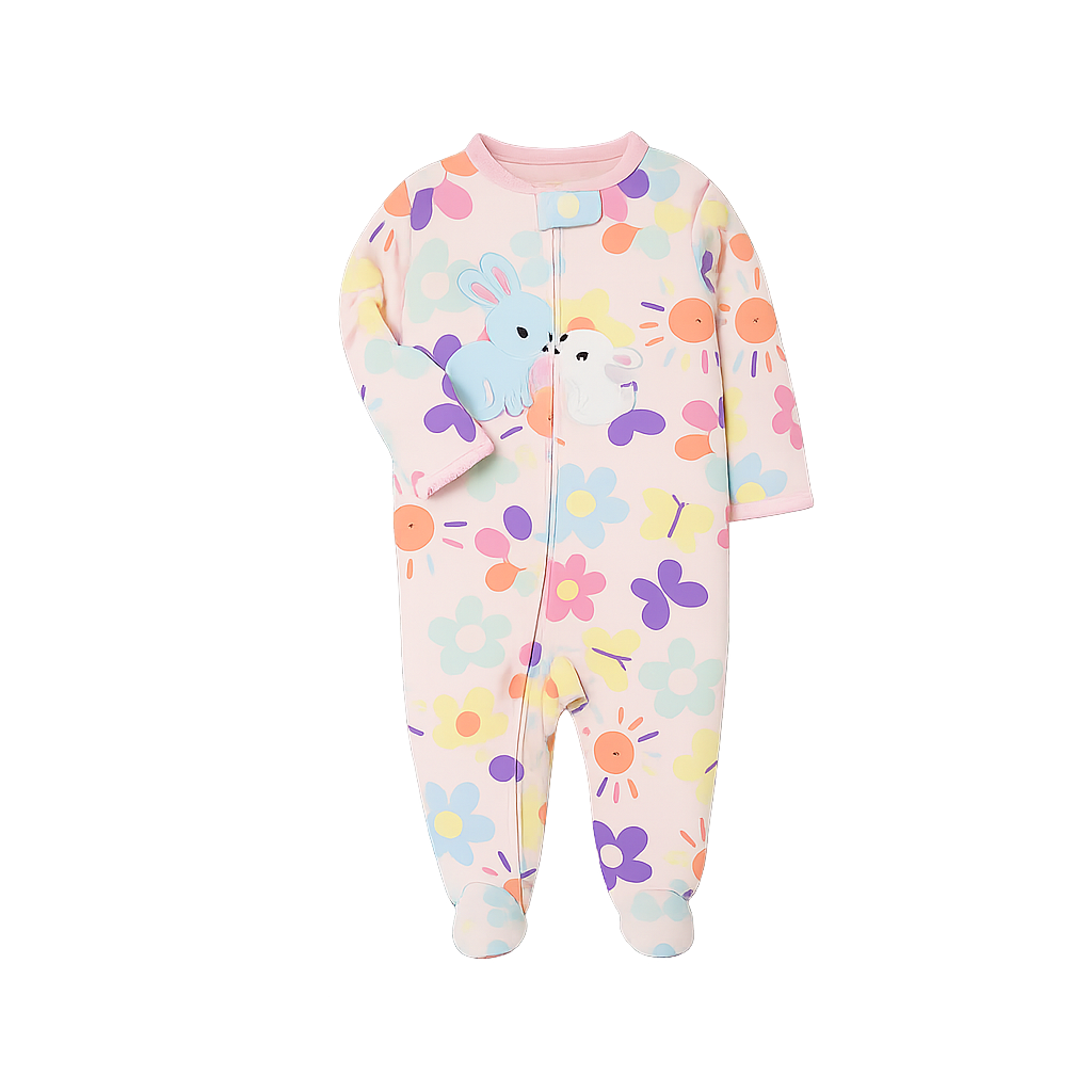 Colorful baby onesie with floral and animal patterns on a white background
