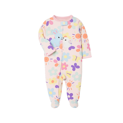 Colorful baby onesie with floral and animal patterns on a white background