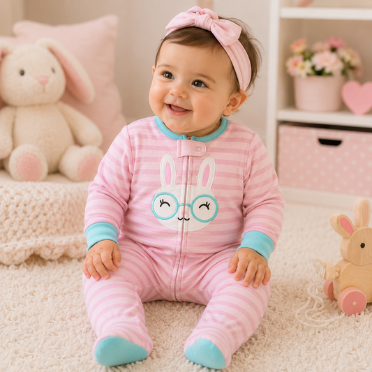 A baby sitting on a cream carpet wearing a pink and white striped footed sleeper with a cartoon bunny face and turquoise trim. The baby is also wearing a matching pink bow headband.
