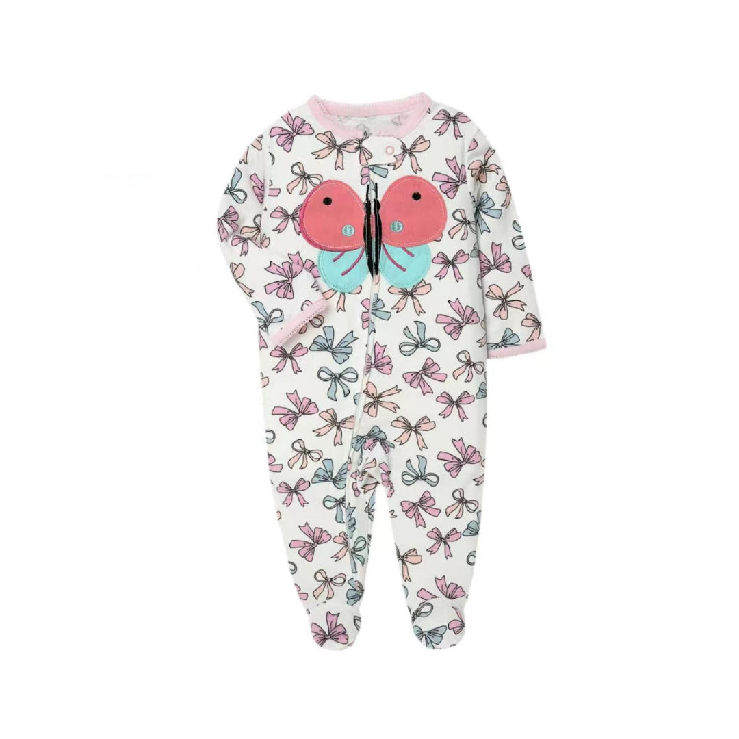 Baby Girl romper Butterfly Wishes Footed Sleeper – Pink Ribbon Print
