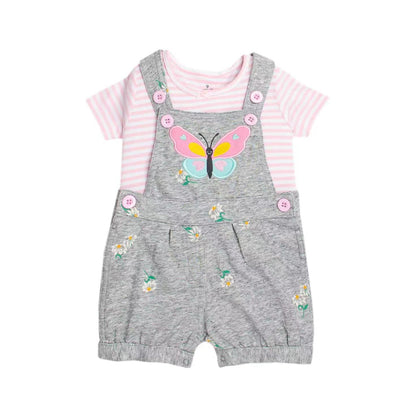 A baby girl's two-piece outfit featuring gray heathered overall shorts with a pink and yellow butterfly applique and small white daisy prints, paired with a pink and white striped short-sleeve t-shirt.