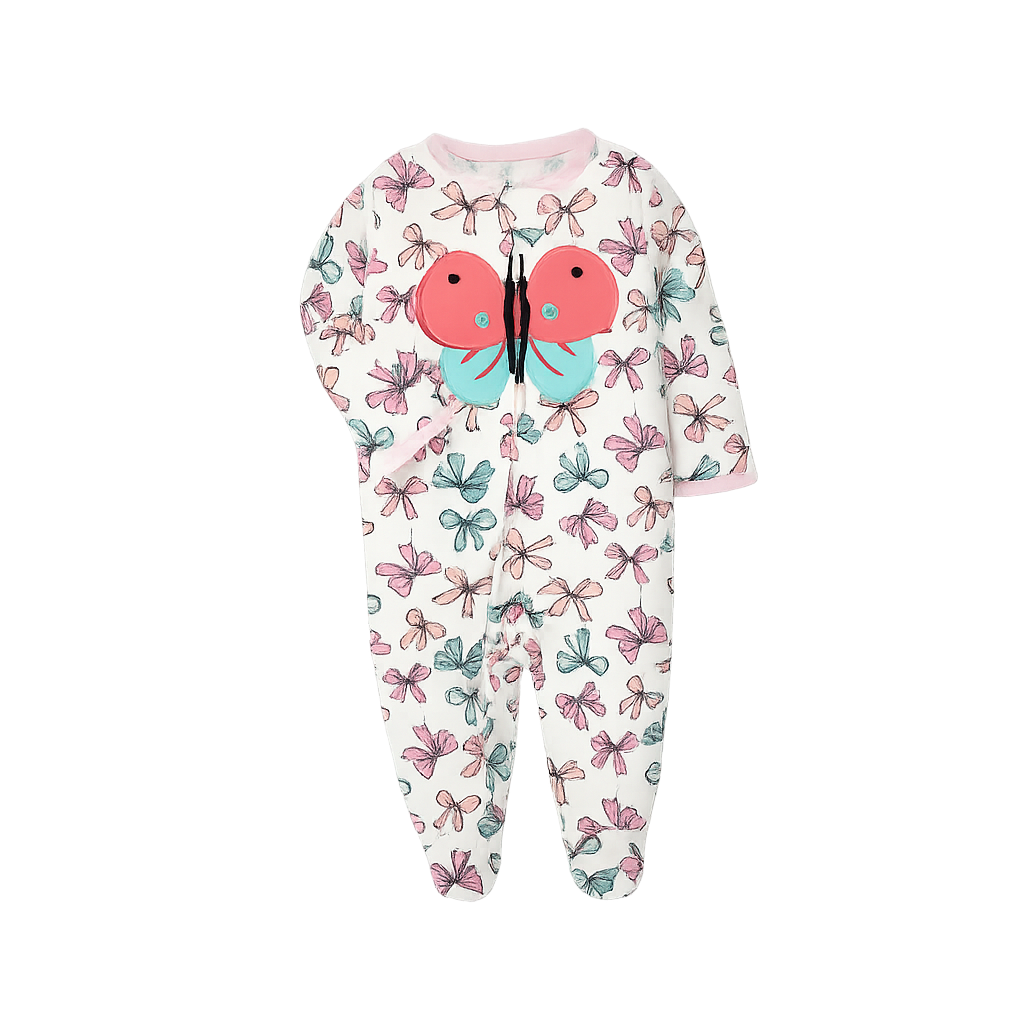 Butterfly Wishes Footed Sleeper Pink Ribbon Print | Baby Sleepwear | Lullaby Threads