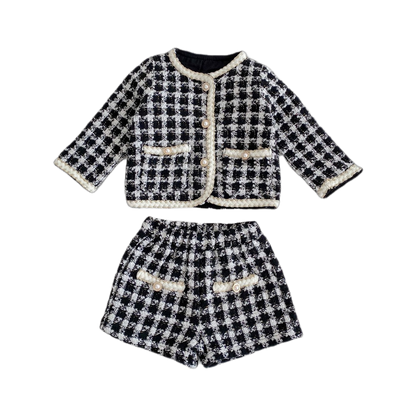 Checkered Tweed Jacket & Shorts Set - Black & White
