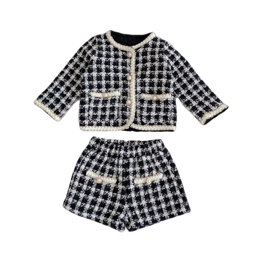 Checkered Tweed Jacket & Shorts Set - Black & White