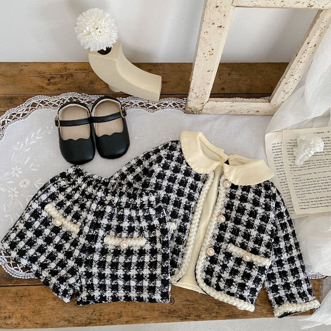 Checkered Tweed Jacket & Shorts Set - Black & White