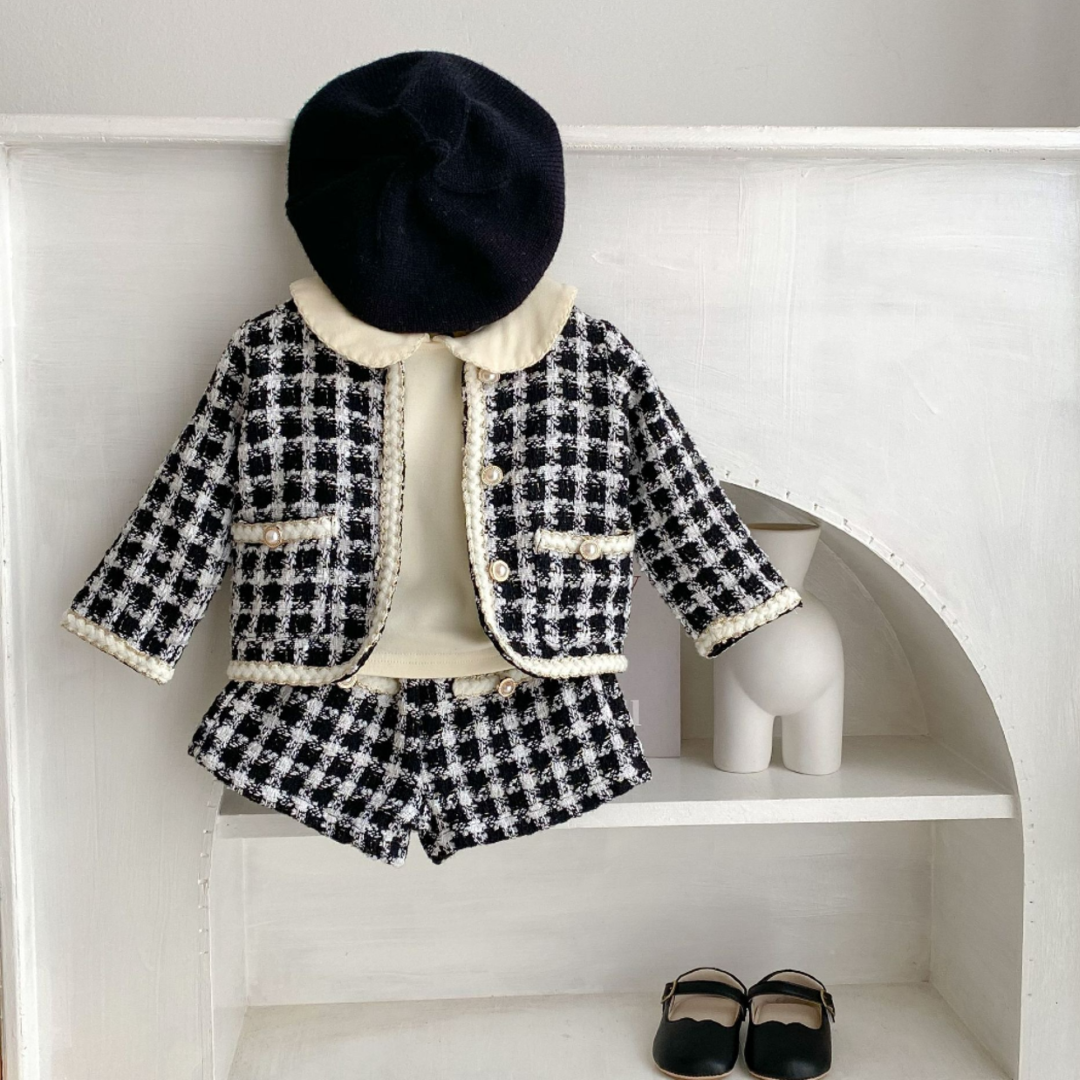 Checkered Tweed Jacket & Shorts Set - Black & White