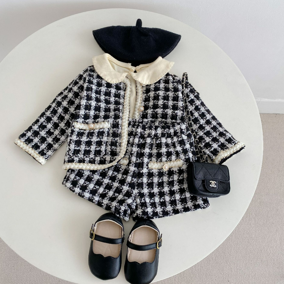 Checkered Tweed Jacket & Shorts Set - Black & White