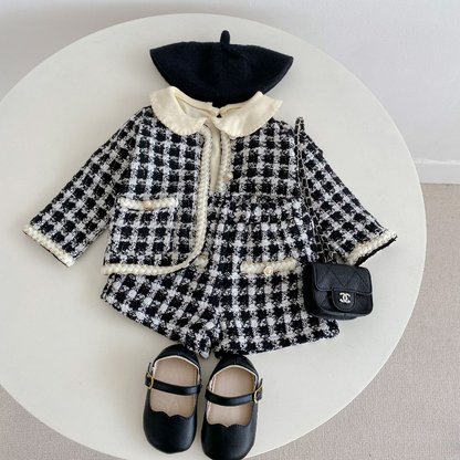 Checkered Tweed Jacket & Shorts Set - Black & White