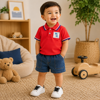 A toddler boy stands in a cozy, styled children's room wearing a red short-sleeve polo shirt with blue and white trim, blue denim shorts, and white sneakers. The background features a wooden shelf, a teddy bear, a woven chair, and a potted plant.