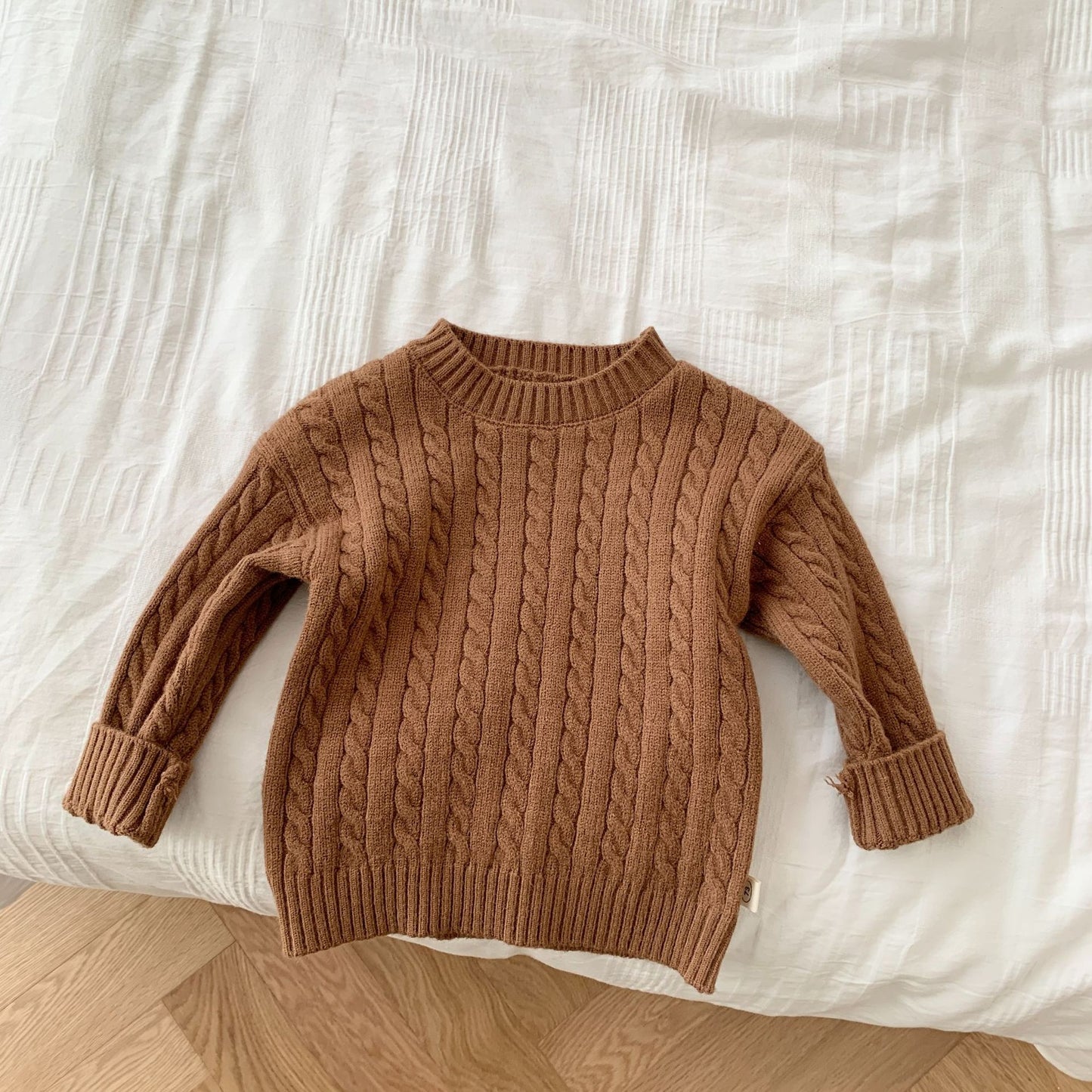 Baby Unisex Top with Boat Neck and Cable Knit Print - Coffee