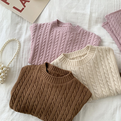 Baby Unisex Top with Boat Neck and Cable Knit Print - Coffee