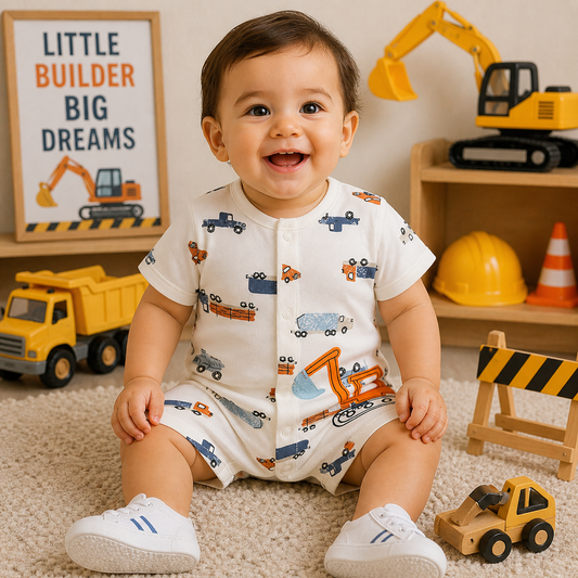 Baby wearing a cream construction trucks romper from Lullaby Threads, sitting in a playful builder-themed room with toy trucks, diggers, and soft decor.