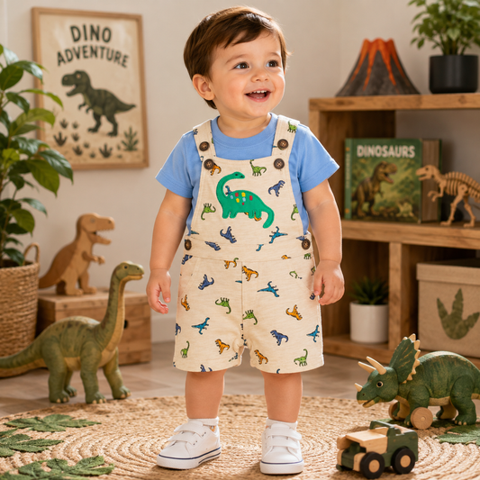Toddler boy wearing a blue T-shirt and cream dinosaur-print shortall with green dinosaur appliqué in a playful dinosaur-themed setting from Lullaby Threads.