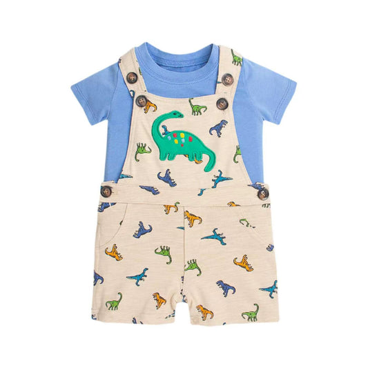 Baby short-sleeve romper set featuring a light blue crewneck t-shirt and beige denim-style overalls with colorful dinosaur prints and brown buttons.