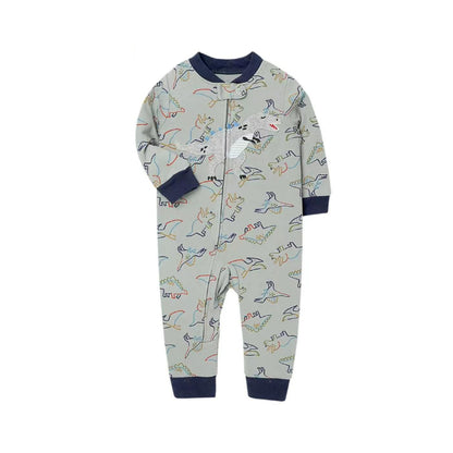 A baby's long-sleeve footless one-piece pajama romper in a light gray color, decorated with a colorful dinosaur pattern and featuring dark navy blue trim at the collar, cuffs, and hem.