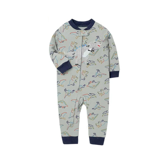A baby's long-sleeve footless one-piece pajama romper in a light gray color, decorated with a colorful dinosaur pattern and featuring dark navy blue trim at the collar, cuffs, and hem.