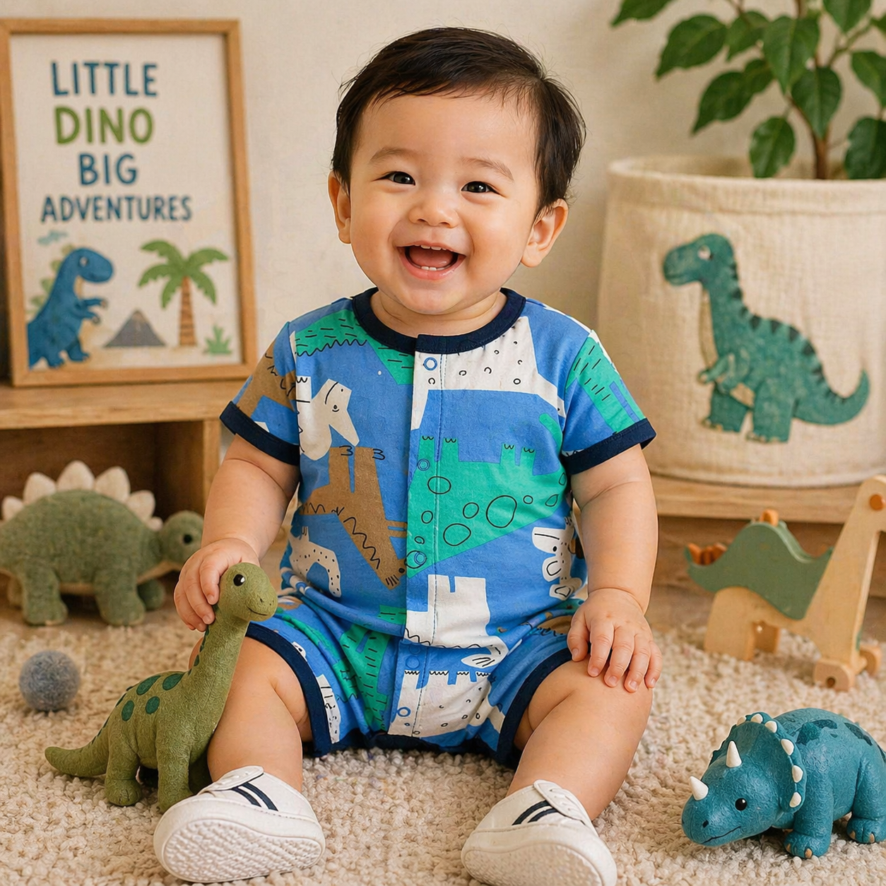 Baby boy wearing a blue dinosaur print romper from Lullaby Threads, sitting in a playful dino-themed room with toys and soft decor.