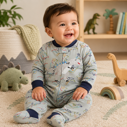 Baby wearing a sage-green dinosaur-print romper with navy trims in a playful dinosaur-themed nursery from Lullaby Threads.