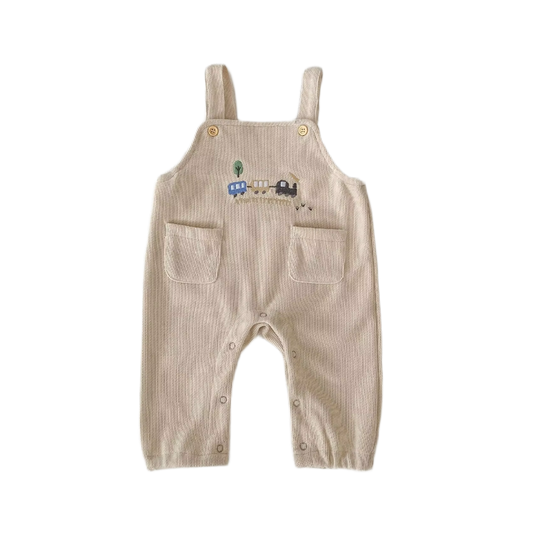 Embroidered Train Design Sleeveless Jumpsuit – Beige
