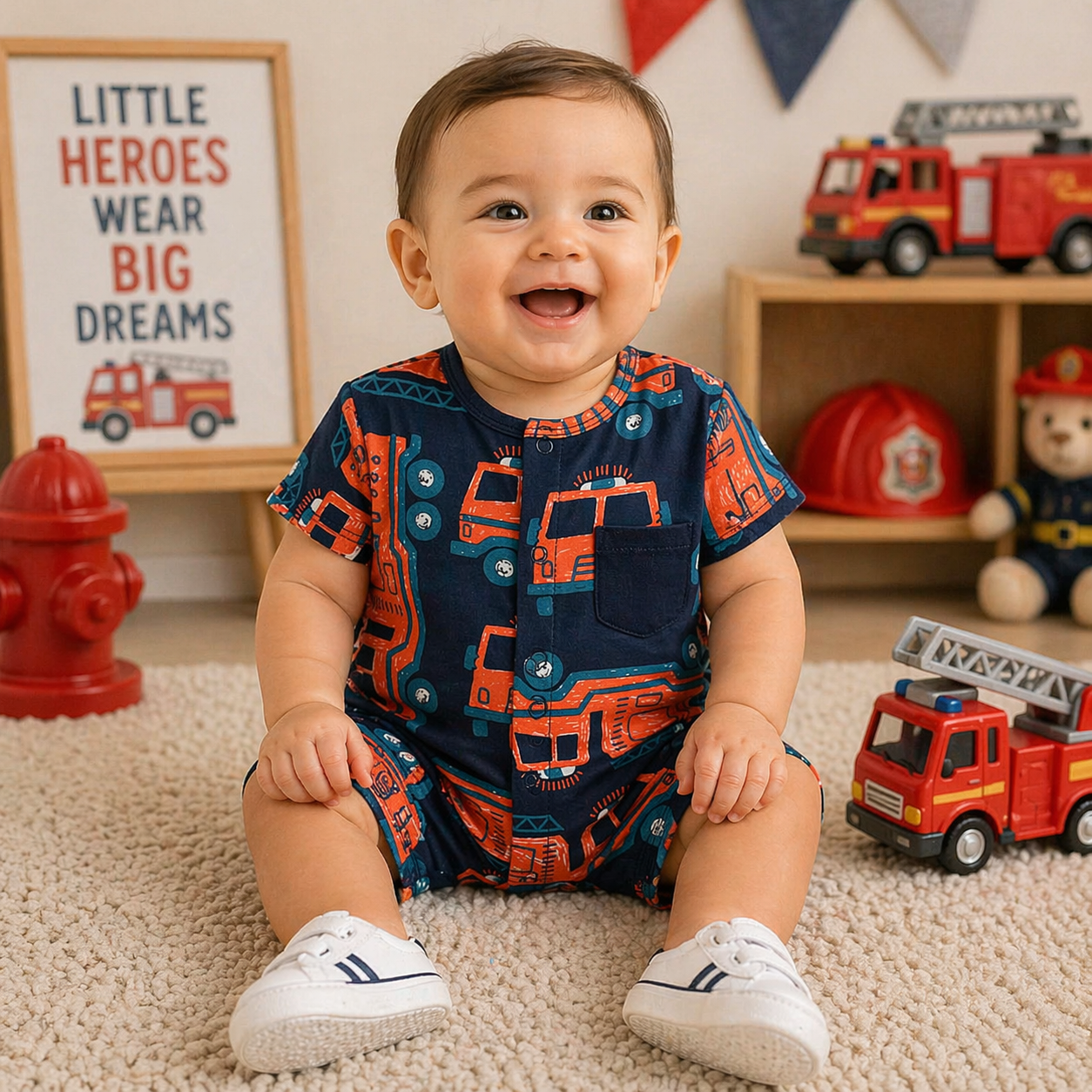 Baby boy wearing a navy fire truck romper with orange prints from Lullaby Threads, sitting in a firefighter-themed playroom with toy trucks and decor.