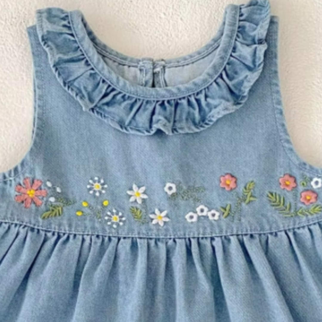 Floral Embroidery & Ruffle Trim Denim Dress -  Blue