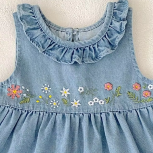 Floral Embroidery & Ruffle Trim Denim Dress -  Blue