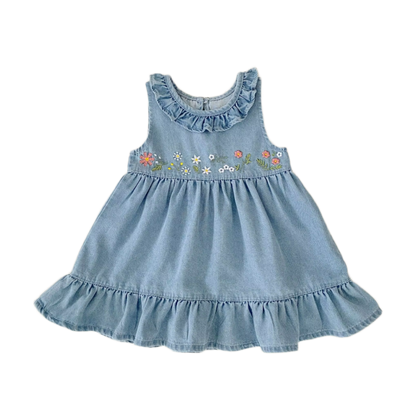 Floral Embroidery & Ruffle Trim Denim Dress -  Blue