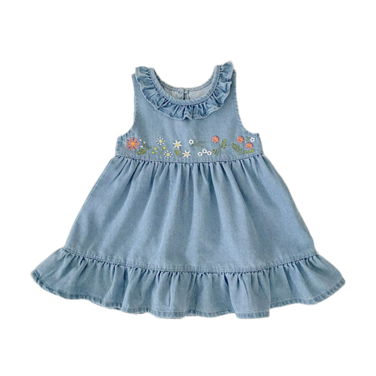 Floral Embroidery & Ruffle Trim Denim Dress -  Blue
