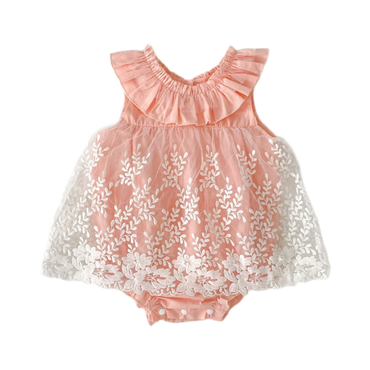 Floral Lace Romper Dress - Pink