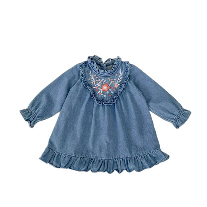 Floral Ruffle Denim Dress - Blue