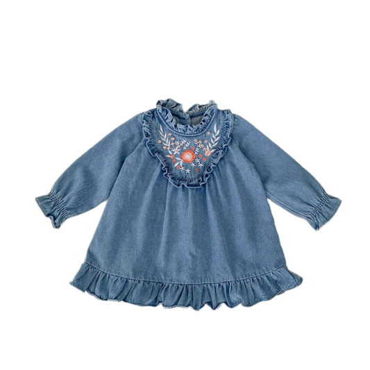 Floral Ruffle Denim Dress - Blue