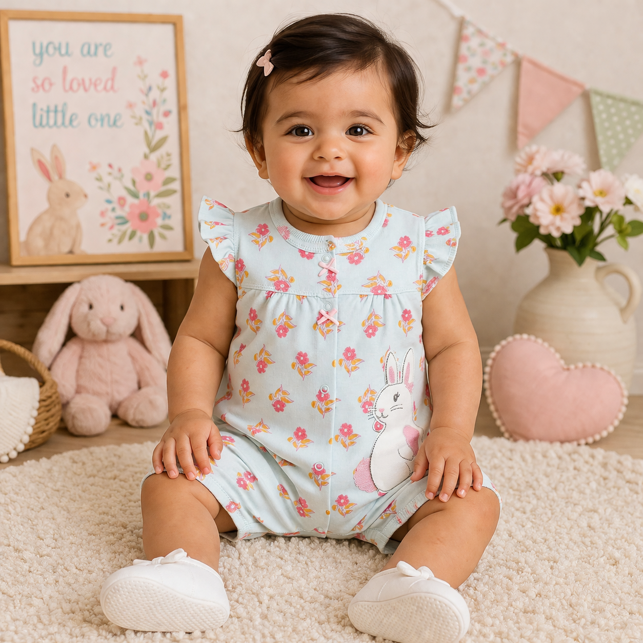 Toddler girl wearing a light blue floral bunny romper from Lullaby Threads, sitting in a pastel nursery with bunny toys, flowers, and soft decor.