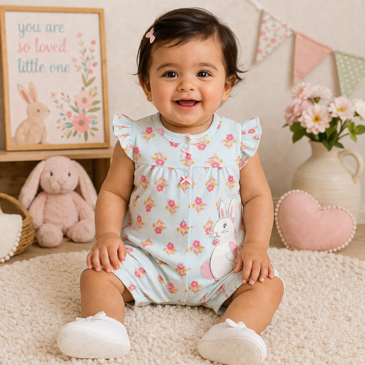 Toddler girl wearing a light blue floral bunny romper from Lullaby Threads, sitting in a pastel nursery with bunny toys, flowers, and soft decor.